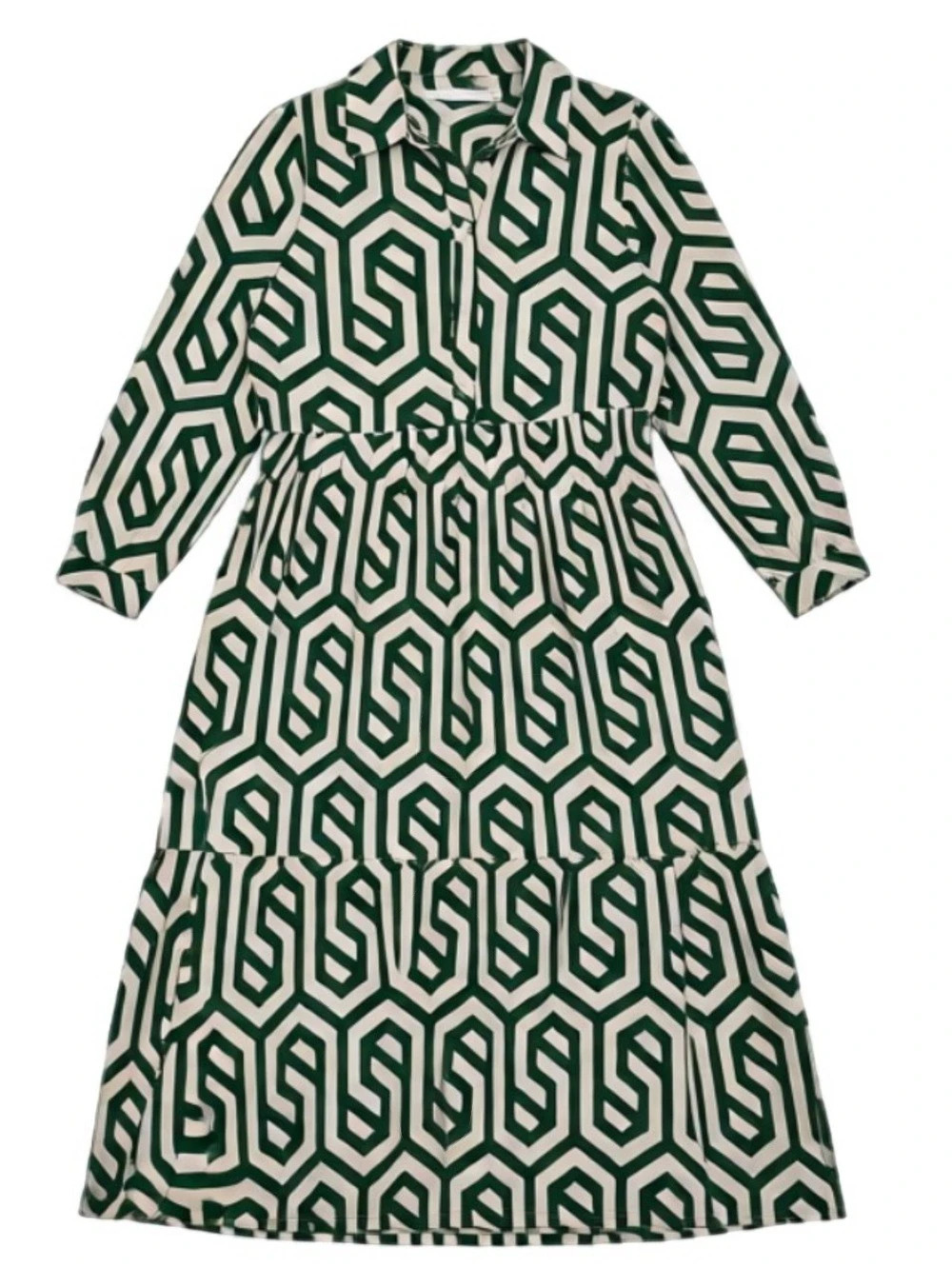 Zara Green Geometric Midi Dress in Green & White Size XS